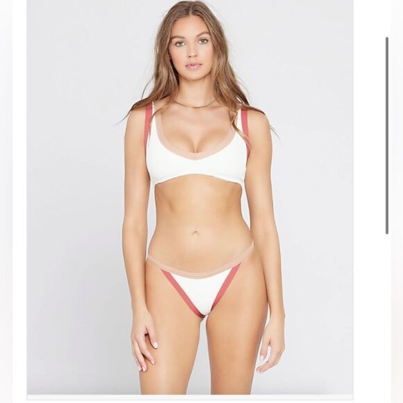 L*SPACE Vacay Ribbed Classic Bikini Bottoms Cream Colorblock Red Tan Size XS New - Picture 3 of 11